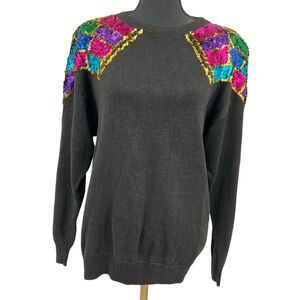 Vintage Barbara Scott Black Knit Crewneck Sequin Shoulders‎ Holiday Sweater Lg